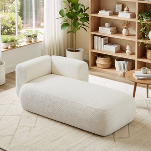 English Elm Upholstered Boucle Chaise Lounge with Foam Spring Interior and Wooden Legs W5515P437352