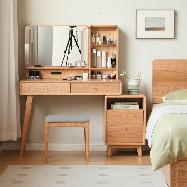 English Elm (Linen Gray Makeup Stool with Cushion) Solid Oak Dresser Table with Drawers, Adjustable Compact Vanity 90cm W1283S00004