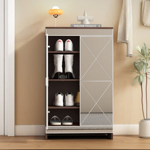 English Elm Elegant Mirrored Cabinet with Frosted Glass Carvings, Vertical Shoe Storage, Silver Handles 49x16x8" W760P196538