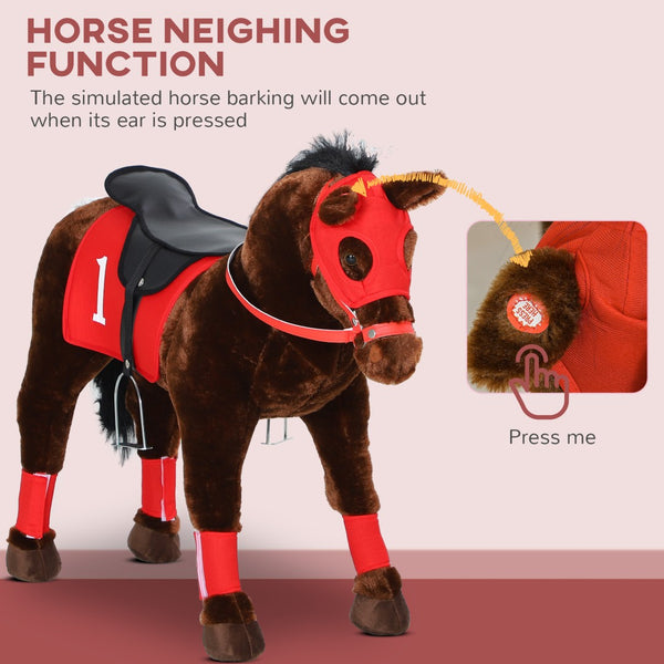 English Elm Qaba Plush Ride on Pony Toy with Saddle Stirrups and Neighing Sound for Kids W2225P249772