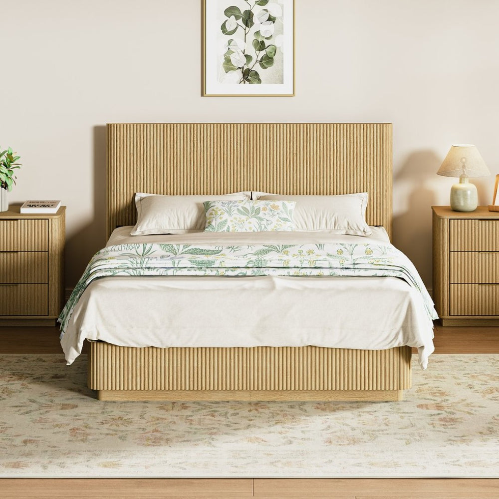 English Elm Queen Bed Frame with Led Lighting Curved Groove Panels and Floating Base Modern Bedroom Oak W1820S00050