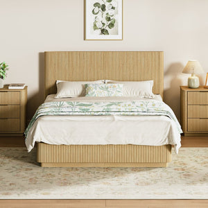 English Elm Queen Bed Frame with Led Lighting Curved Groove Panels and Floating Base Modern Bedroom Oak W1820S00050