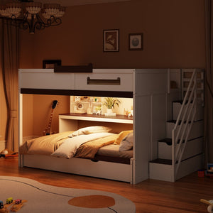 English Elm House-shaped Pine Bunk Bed with Built-in Slide Storage Staircase Twin Over Full Kids Frame White N820S00067K