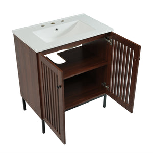 English Elm Christopher Knight Home® - 30" Vintage Bathroom Vanity with Rectangle Ceramic Sink, Rubber Wood Legs, Soft-Close Doors, Adjustable Shelves Antique brown,Dark Brown N817P245324B