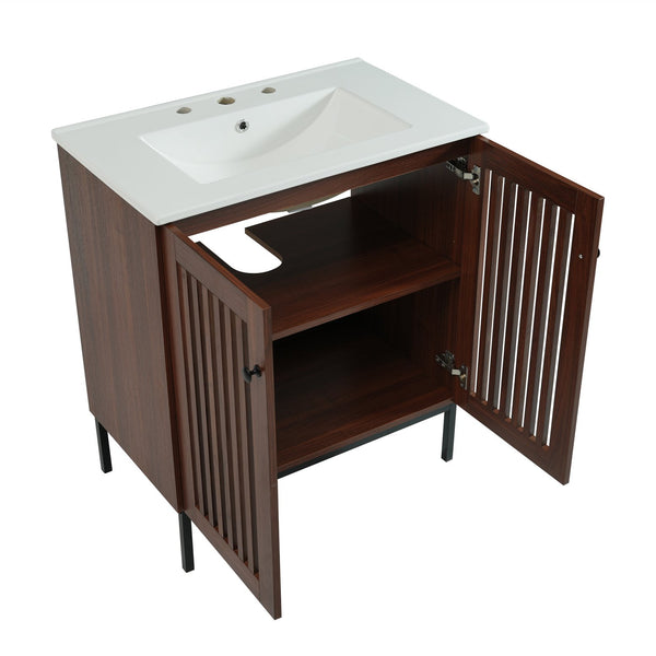 English Elm Christopher Knight Home® - 30" Vintage Bathroom Vanity with Rectangle Ceramic Sink, Rubber Wood Legs, Soft-Close Doors, Adjustable Shelves Antique brown,Dark Brown N817P245324B