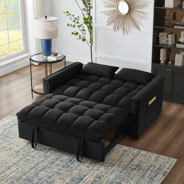 English Elm 4 Loveseat Sofa Bed with Storage Pockets & Armrests, Convertible Pull-Out Sleeper with Wheels, Tufted Comfort and Durable Frame for Small Spaces Black W2186P166127