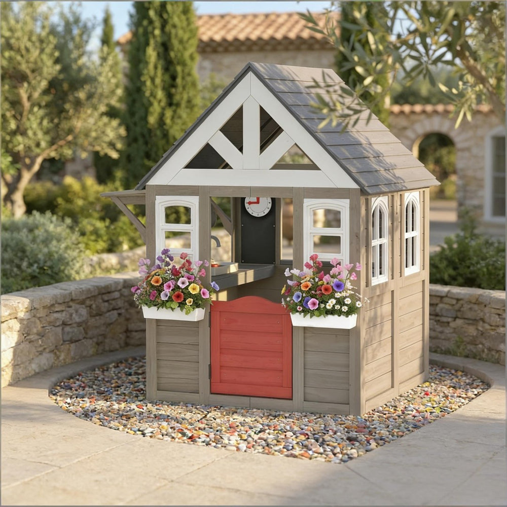 English Elm Imaginative Fir Wood Outdoor Kids Playhouse with Stove Set Flower Boxes and Pet Door T3971P491772
