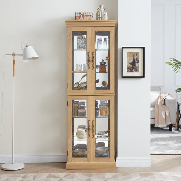 English Elm Lighted Glass Curio Display Cabinet with Quiet Hinge, Internal LED Lighting, Adjustable Shelves, Vintage Carved Handle Light Oak W2275P199811