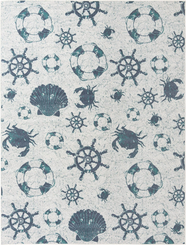Unique Loom Outdoor Coastal Marmaris Machine Made Solid Print Rug Ivory, Navy Blue/Green 9' 0" x 12' 2"