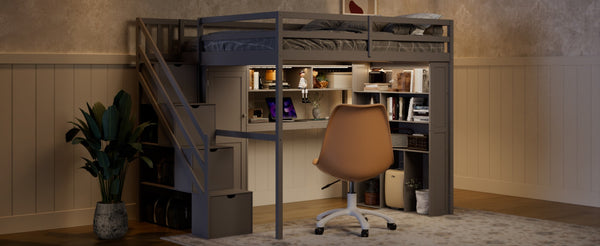 English Elm Full Loft Bed with Integrated Wardrobe Desk Shelving and Led Lighting for Teen Rooms Grey LT000927AAE