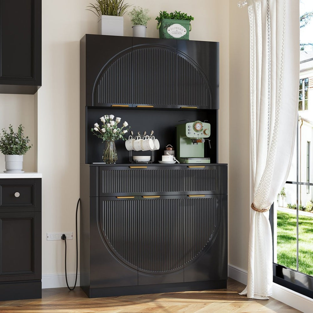 English Elm Pantry Hutch with Fluted Mdf Panels Charging Station Pegboard and Open Shelving T3773P416038