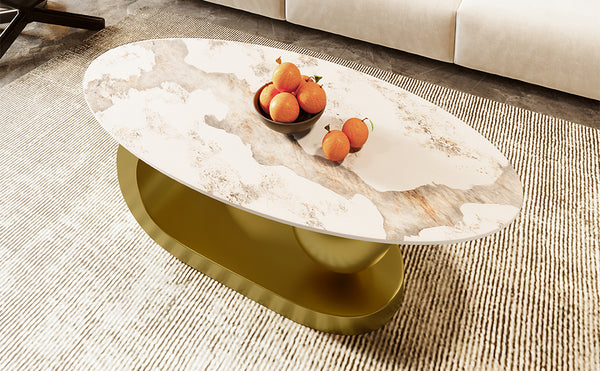 English Elm Modern Oval Coffee Table with Marble-Pattern Sintered Stone Top, Gold Stainless Steel Orb Base, 47.2" CH192938AAK