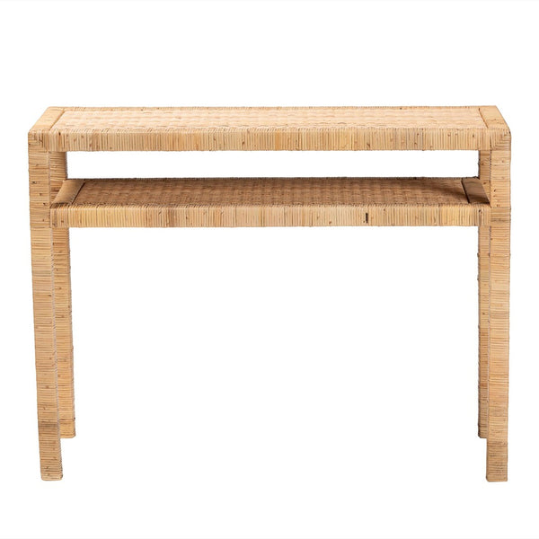 English Elm Bohemian Rattan Panel Acacia Wood Console Table with Open Shelf for Entryway B2750P420407