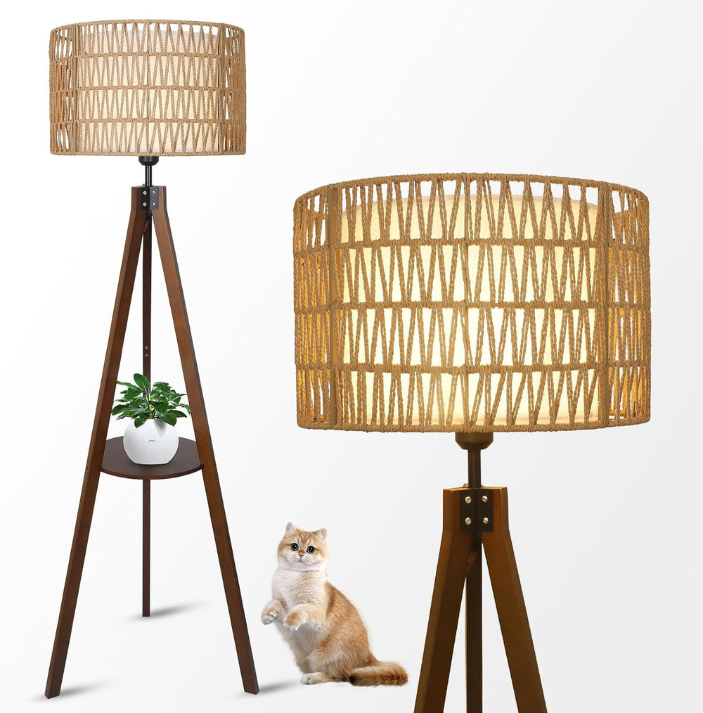 English Elm Boho Rubber Wood Tripod Floor Lamp with Shelves, Dual Rattan & Fabric Shades, Foot Switch Light W2738P185422