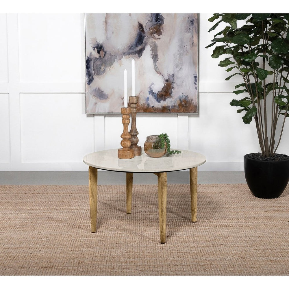 English Elm Leska Round Genuine Marble Top Coffee Table with Solid Mango Wood Legs for Living Room B062P440067