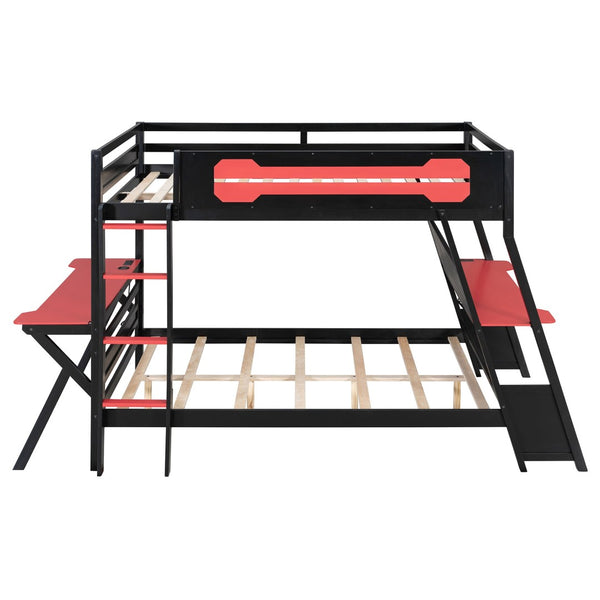 English Elm Full Size Gaming Bunk Bed with Dual Desks Usb Charging Ports and Pegboard Storage Red LT000274AAR