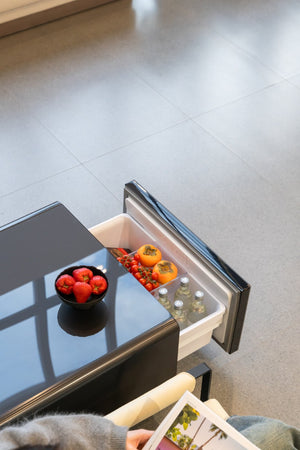 English Elm Modern Coffee Table with Built in Mini Fridge Power Outlets and Beverage Storage Black W1172P483596