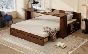English Elm Queen Daybed with Hydraulic Desk Storage Drawers and Convertible Sofa for Small Spaces Espresso LT000272AAP