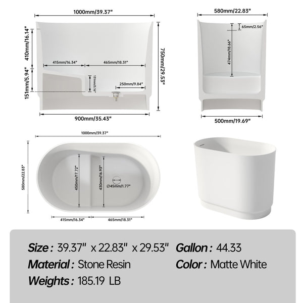 English Elm 39 Inch Eco Stone Resin Freestanding Soaking Tub Matte Finish Spa Bath T3785P353970