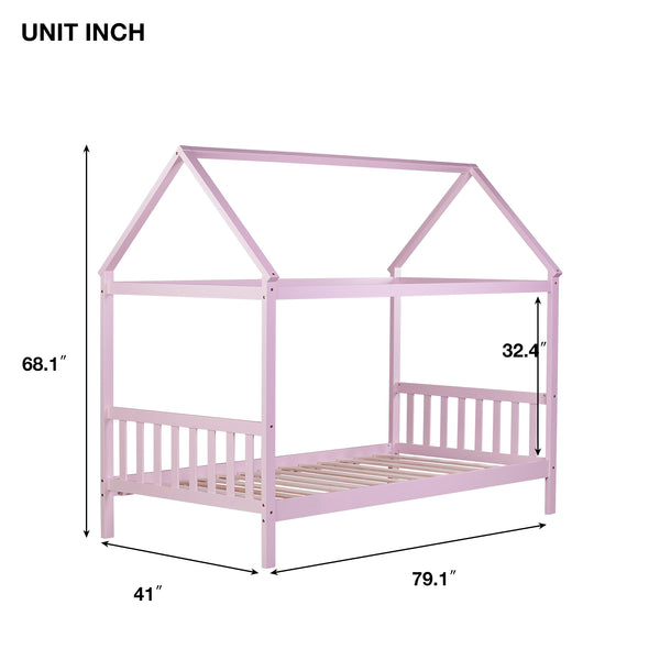 English Elm Twin House Bed with Headboard and Footboard — Space-Saving Rubberwood Frame, Playful Architectural Design Pink W504P225964