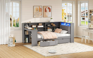 English Elm Wood Twin Size Platform Bed With Storage, Usb Charging, Desk, Led Lighting & Upholstered Headboard N7090001046E-GIGA