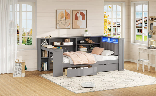 English Elm Wood Twin Size Platform Bed With Storage, Usb Charging, Desk, Led Lighting & Upholstered Headboard N7090001046E-GIGA