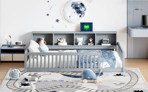 English Elm Wood Twin XL Floor Bed with Built-In Storage Cabinets, USB Charging Ports, Space-Saving Design Gray N709P205811E