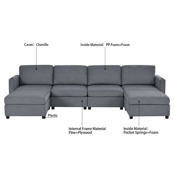 English Elm Modern Large Sectional Sofa U-Shaped 123" Modular Sofa Bed with Ottoman Storage, Plush Chenille Comfort Grey W680S00011