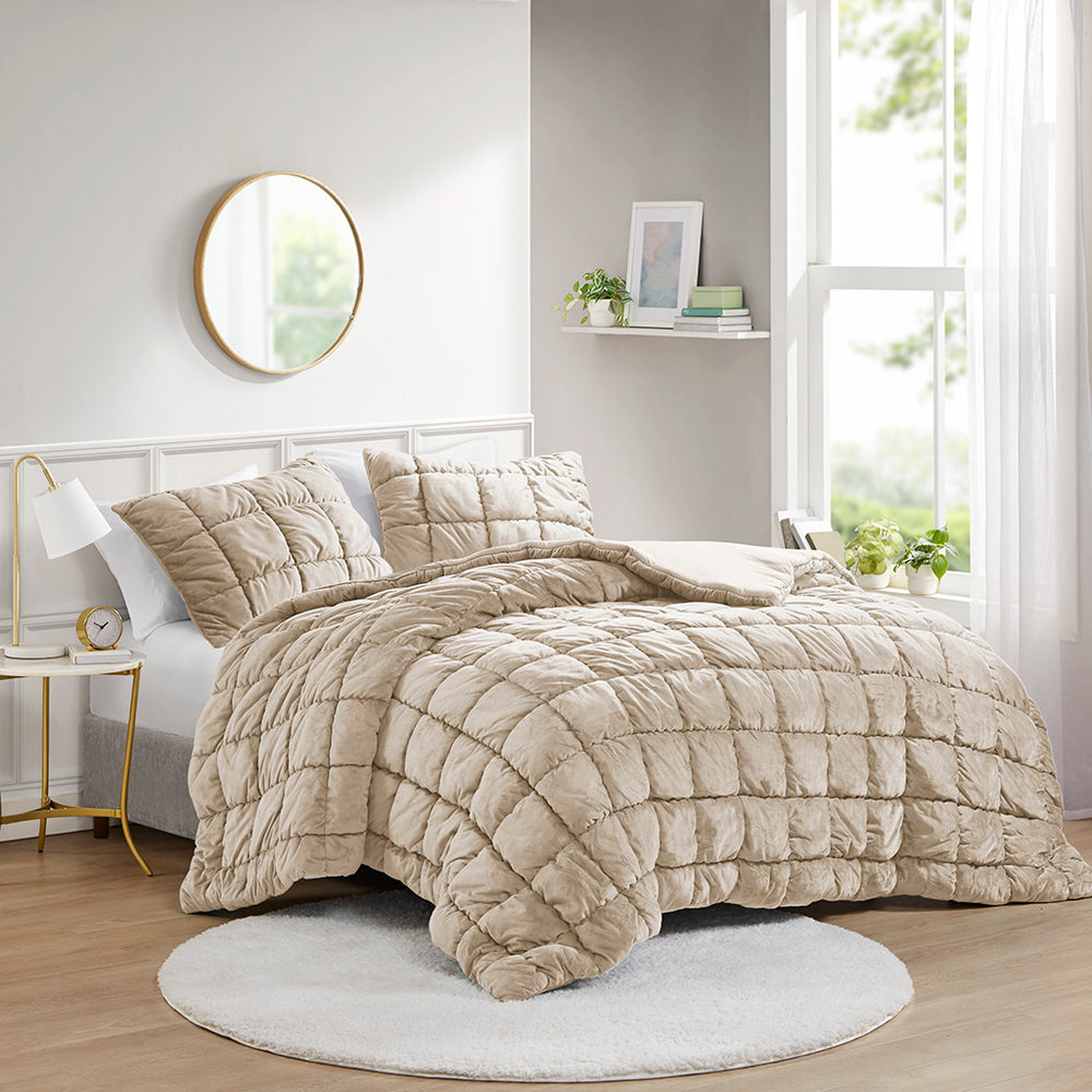 JLA Home Intelligent Design - 2 Plush Velvet Comforter Set with Hypoallergenic Down-Alternative, Box Quilting, Year-Round Cozy Luxury Tan ID10-2336