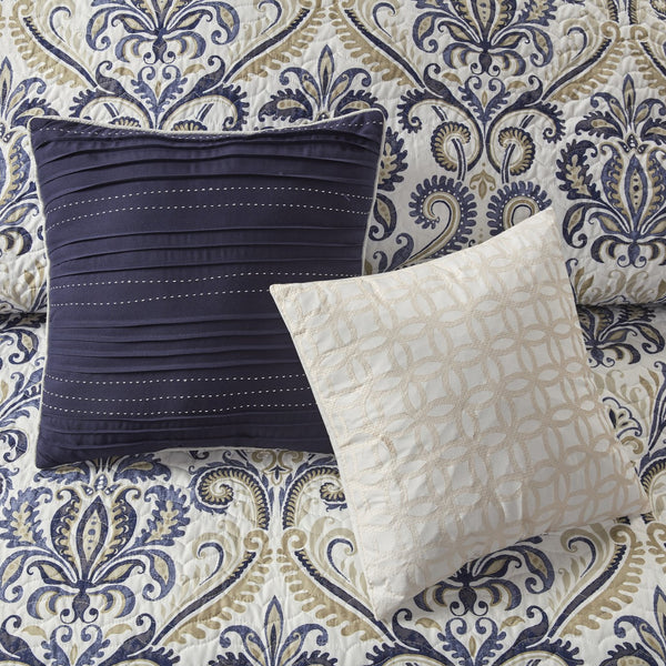 English Elm 6 Piece Reversible Quilt Set with Paisley Motif and Neutral Reverse, Embroidered Throw Pillows Included Navy 23.23 L x 17.72 W x 13.98 H B03597401