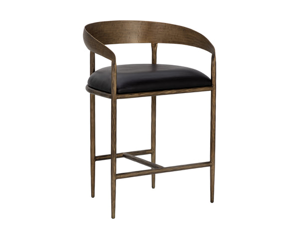 Sunpan Zanatta Stylish Barstool with Antique Brass Frame and Unique Hammered Metal Detailing for Any Space Charcoal Black Leather
