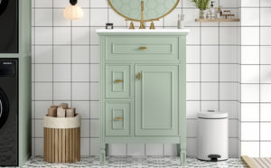English Elm 24-Inch Bathroom Vanity with Sink, Solid Wood & MDF, Ceramic Top, Gold Handles, Flip Drawer Design Green N725P350824F