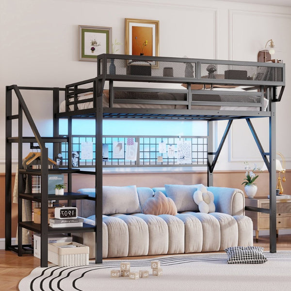 English Elm Full Size Metal Loft Bed with Wardrobe Stairs Rgb Lighting Industrial Frame W2580S00051