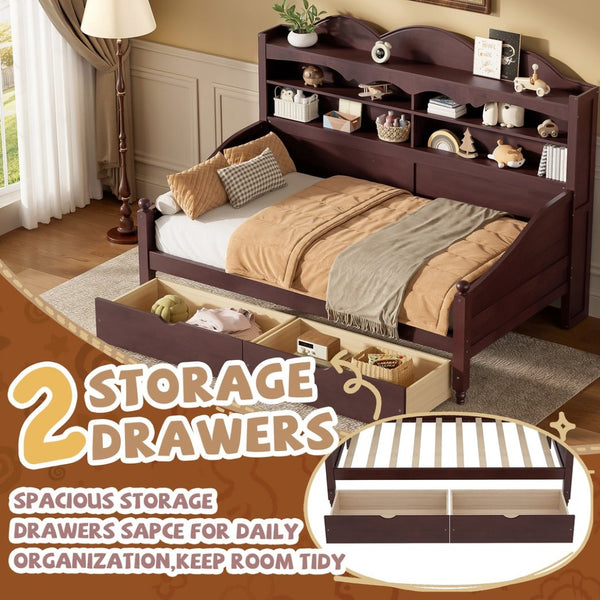 English Elm Twin Daybed Retro Wood Frame with Under Bed Drawers and Headboard Shelving Espresso N733S415358P