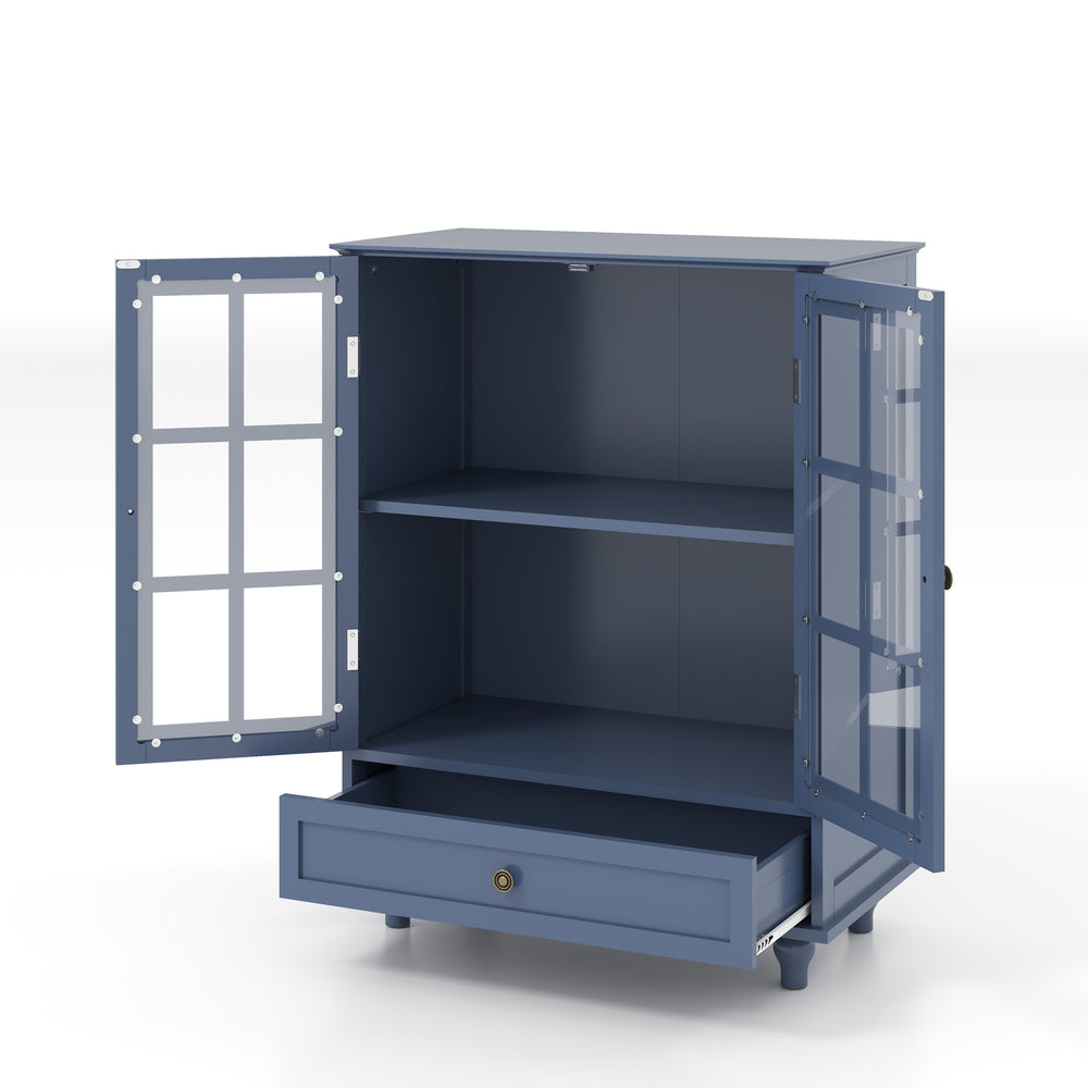 English Elm Minimalist Vintage Buffet Cabinet with Double Glass Doors, Adjustable Shelves, Drawer & Solid Legs Blue W2557P307944