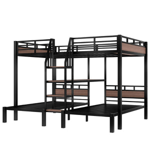 English Elm Twin Triple Bunk Bed Black Metal Frame with Built-in Storage Stairs and Shelves W1580S00620