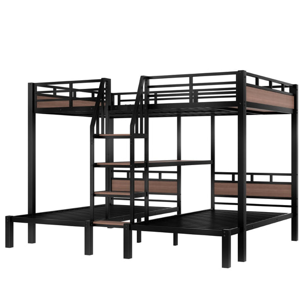 English Elm Twin Triple Bunk Bed Black Metal Frame with Built-in Storage Stairs and Shelves W1580S00620