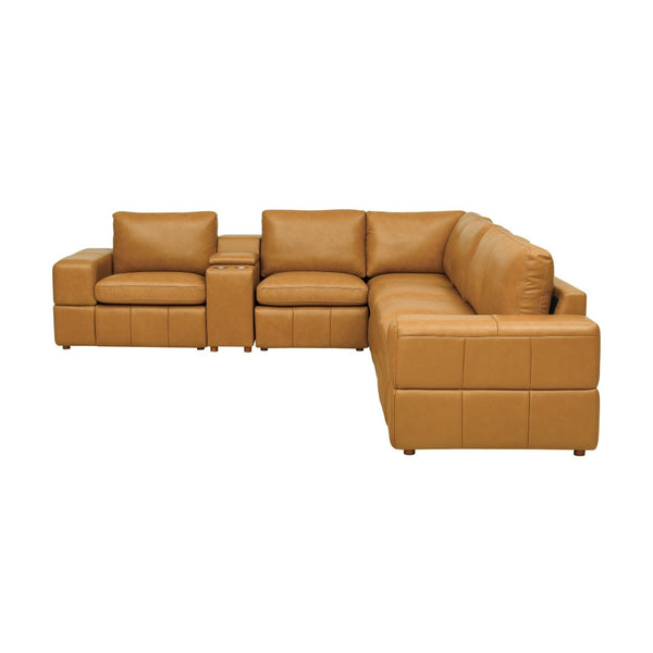 English Elm Premium Leather Match Sectional with Dual Recliners Square Arms and Console Storage Ginger B2748S00136