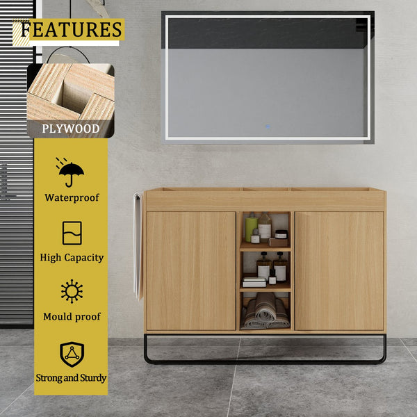 English Elm 48" Freestanding Bathroom Vanity Cabinet with 2 Soft-Close Doors, 3 Open Shelves, Towel Hanger, Boxes Designed for Organized Storage W999P376885