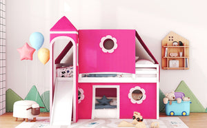 English Elm Twin Castle Loft Bed with Slide Tent Tower and Play Space for Kids Rooms Pink N708P249511H