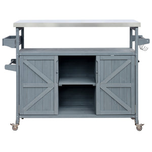 English Elm K&K Outdoor Kitchen Island Rolling Bar Cart with 1.2" Stainless Steel Top, Ample Storage, Wheels and Spice Rack Grey+Blue WF532198AAG