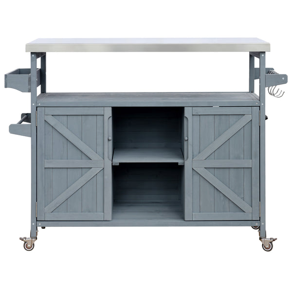 English Elm K&K Outdoor Kitchen Island Rolling Bar Cart with 1.2" Stainless Steel Top, Ample Storage, Wheels and Spice Rack Grey+Blue WF532198AAG