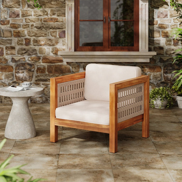 English Elm Acacia Wood Outdoor Lounge Chair with Wicker Arms Teak Finish Patio Seating N779P359687B