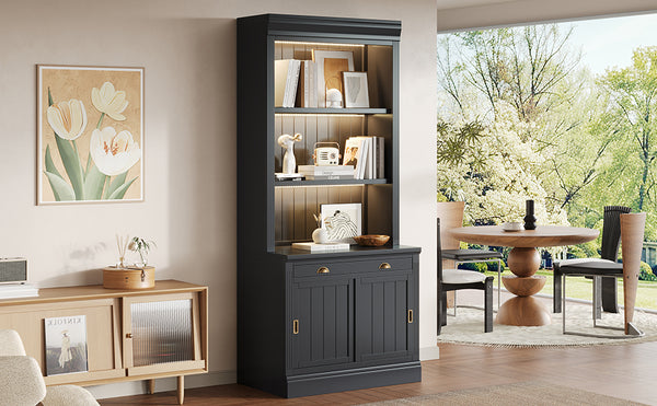 English Elm 83.4"Tall Modern Bookshelf With Led Lighting, Sliding Doors & Open Shelves For Stylish Storage Solutions N751S280596B