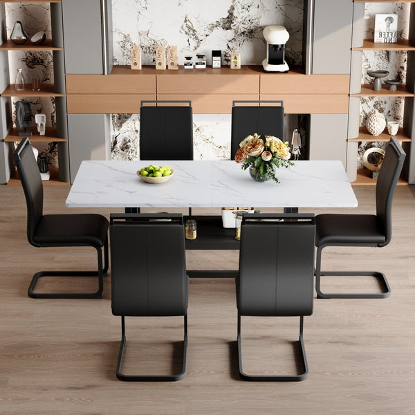 English Elm Table And Chair Set - Modern 71" White Grain Dining Table With Built-In Storage & 6 Black Pu Chairs W1151S04274-GIGA