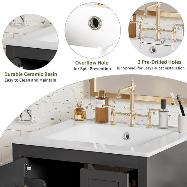 English Elm Modern 24 Inch Bathroom Vanity Solid Wood Cabinet with Ceramic Sink and Soft Close Storage Black N729P292859B