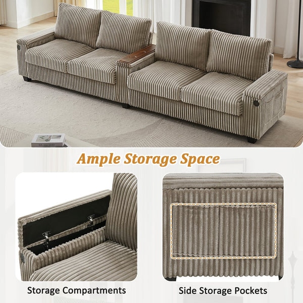 English Elm 4-seater Corduroy Sofa with USB Ports, Flip-Top Cup Holders, Hidden Arm Storage & Ultra-Deep Seats Brown N719S001990D