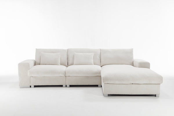 English Elm Nordic-style L-shaped flannel sofa with solid wood frame, ergonomic comfort and durable stain-resistant fabric for modern minimalist living room gatherings White W2795S00030