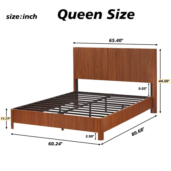 English Elm Queen Walnut Platform Bed Sculptural Corrugated Headboard No Box Spring Required W1820P414053