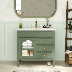 English Elm 35.6" Freestanding Bathroom Vanity with Roman Column Base and Ceramic Integrated Sink Green W1801S00010